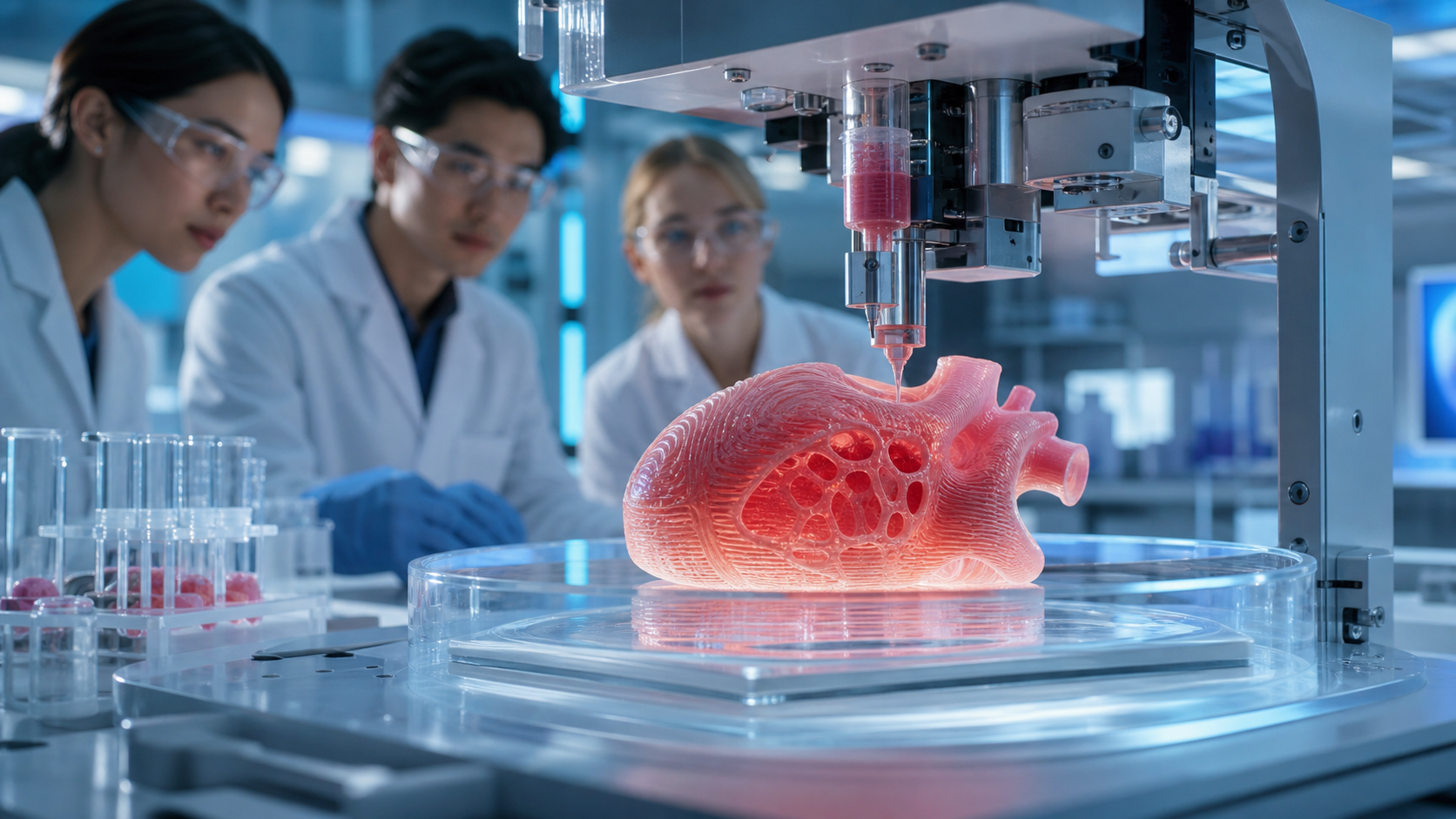 Advanced 3D printing technology in a research environment, representing the potential of bioprinting for creating replacement tissues.