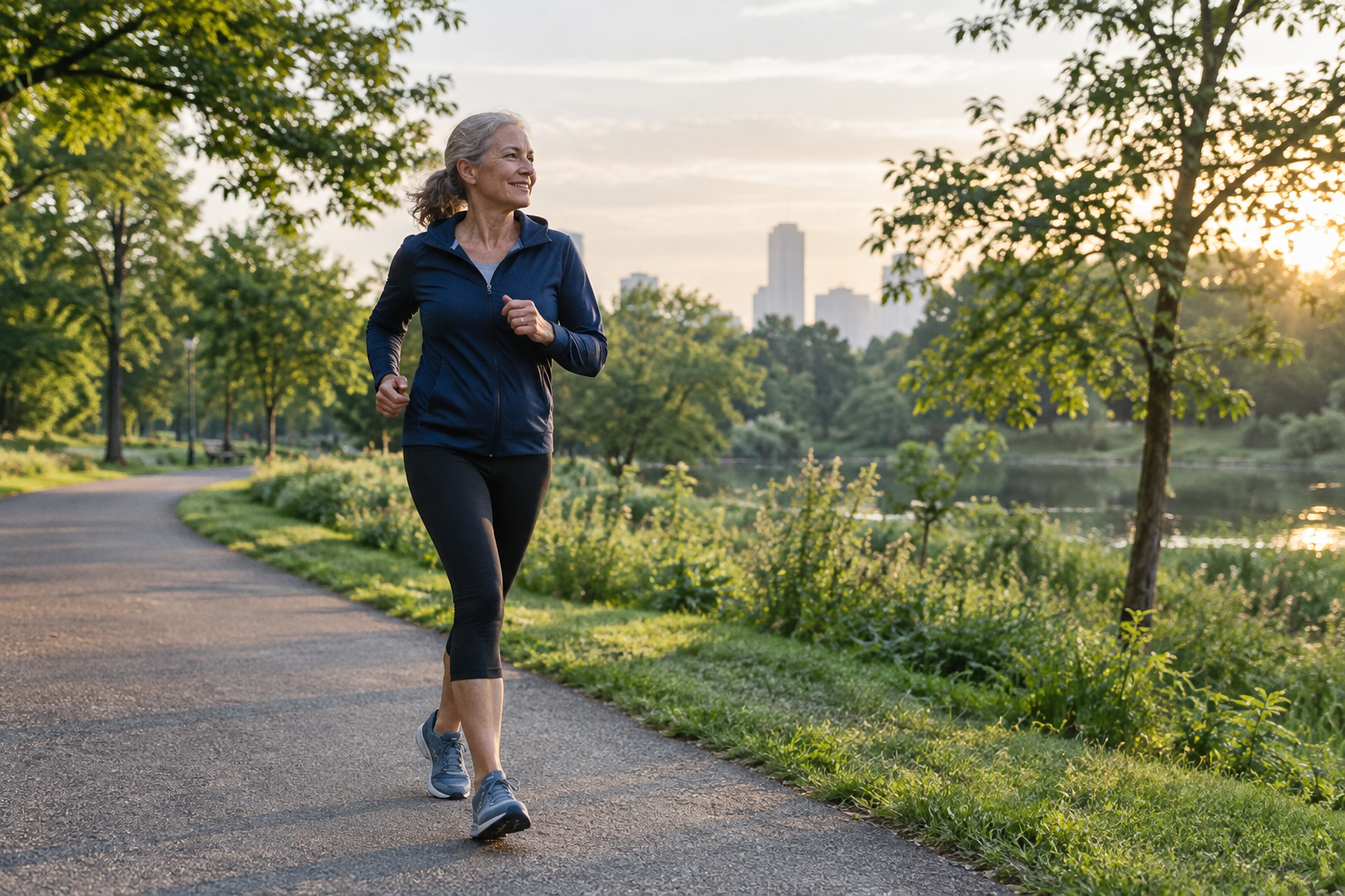 Original editorial image of an older adult doing a steady aerobic walk-jog in a park