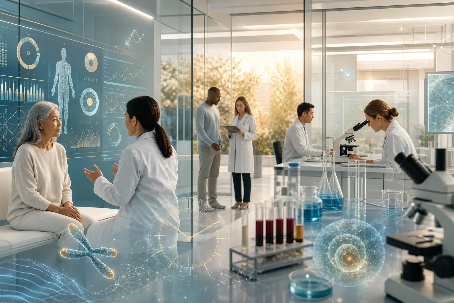 Clinical trial research dashboard and laboratory setting representing age reversal studies in 2026