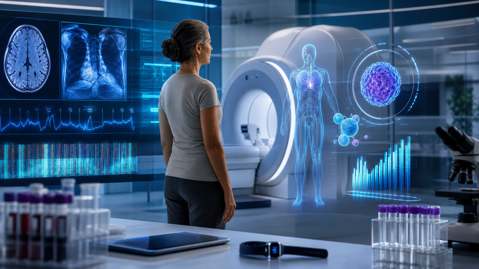 AI-powered diagnostic interface displaying health analytics, representing artificial intelligence applications in aging detection.