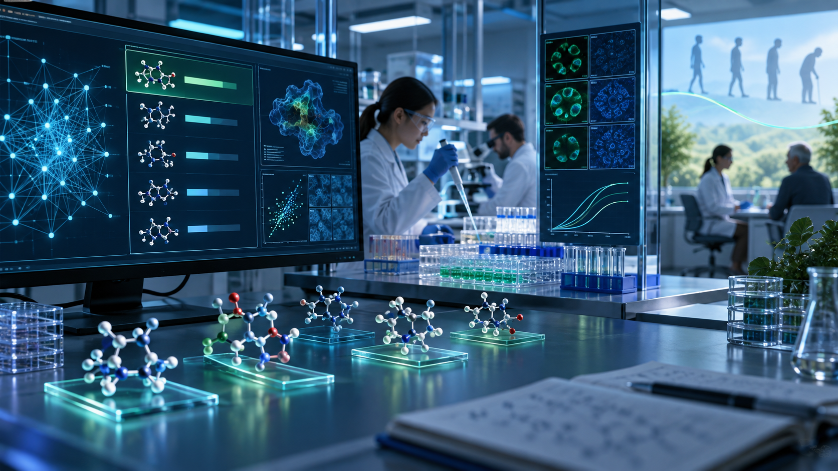 AI technology visualization representing artificial intelligence in longevity drug discovery