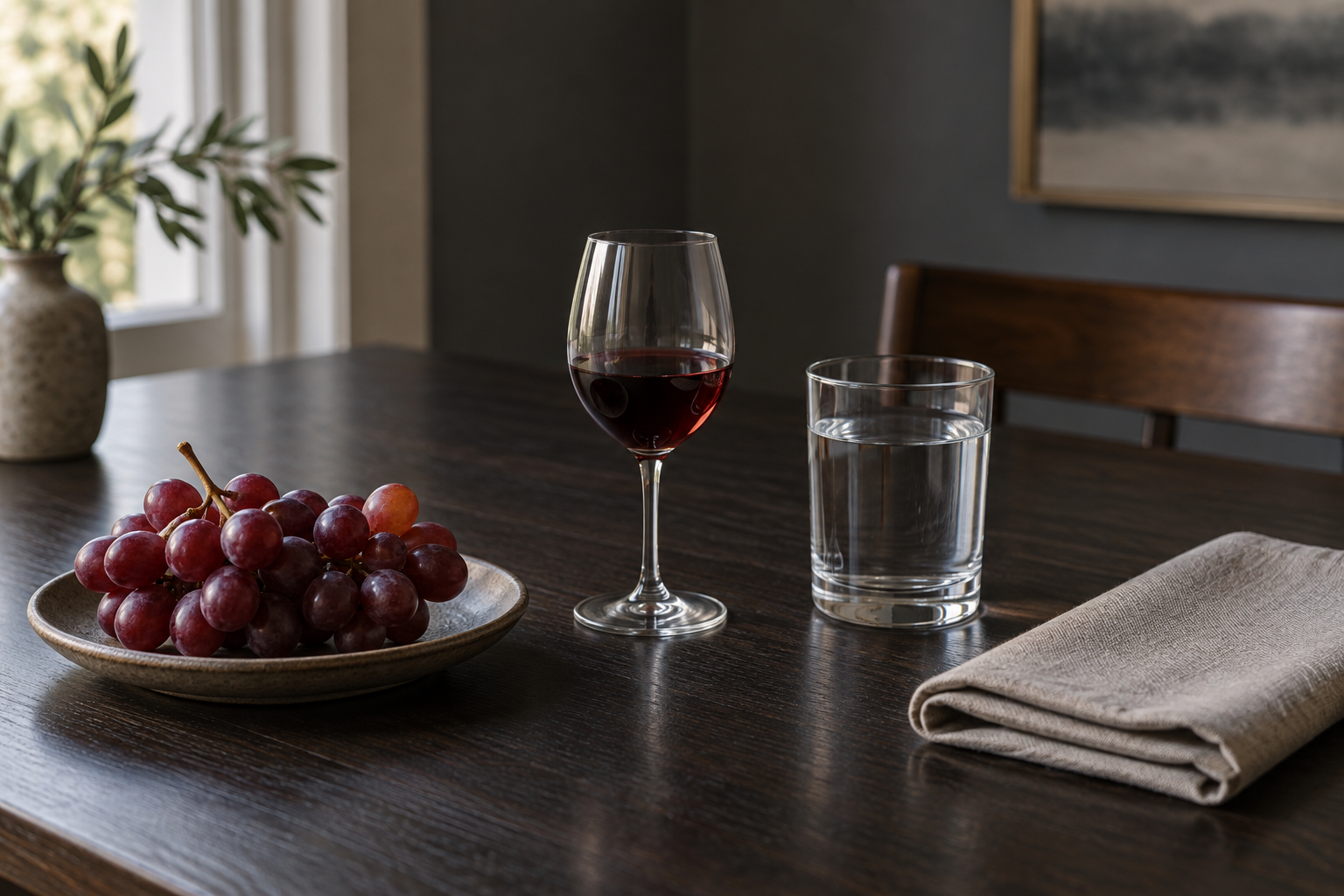Editorial still life comparing a small wine glass with water and grapes