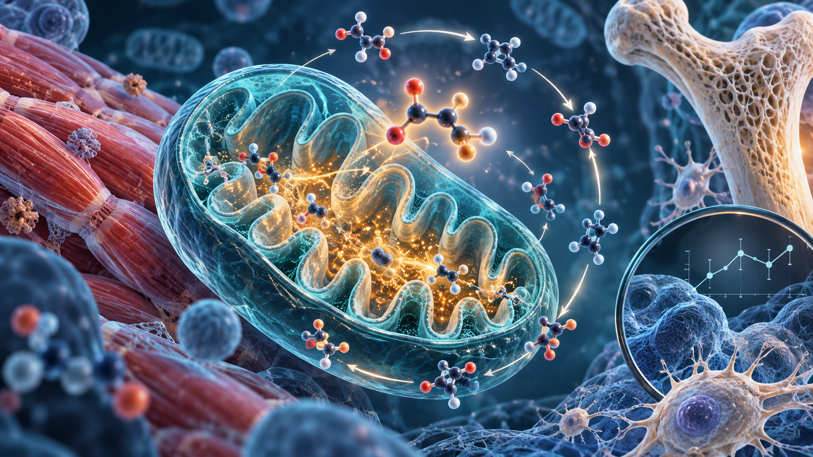Editorial scientific illustration of alpha-ketoglutarate metabolism, mitochondria, and aging research