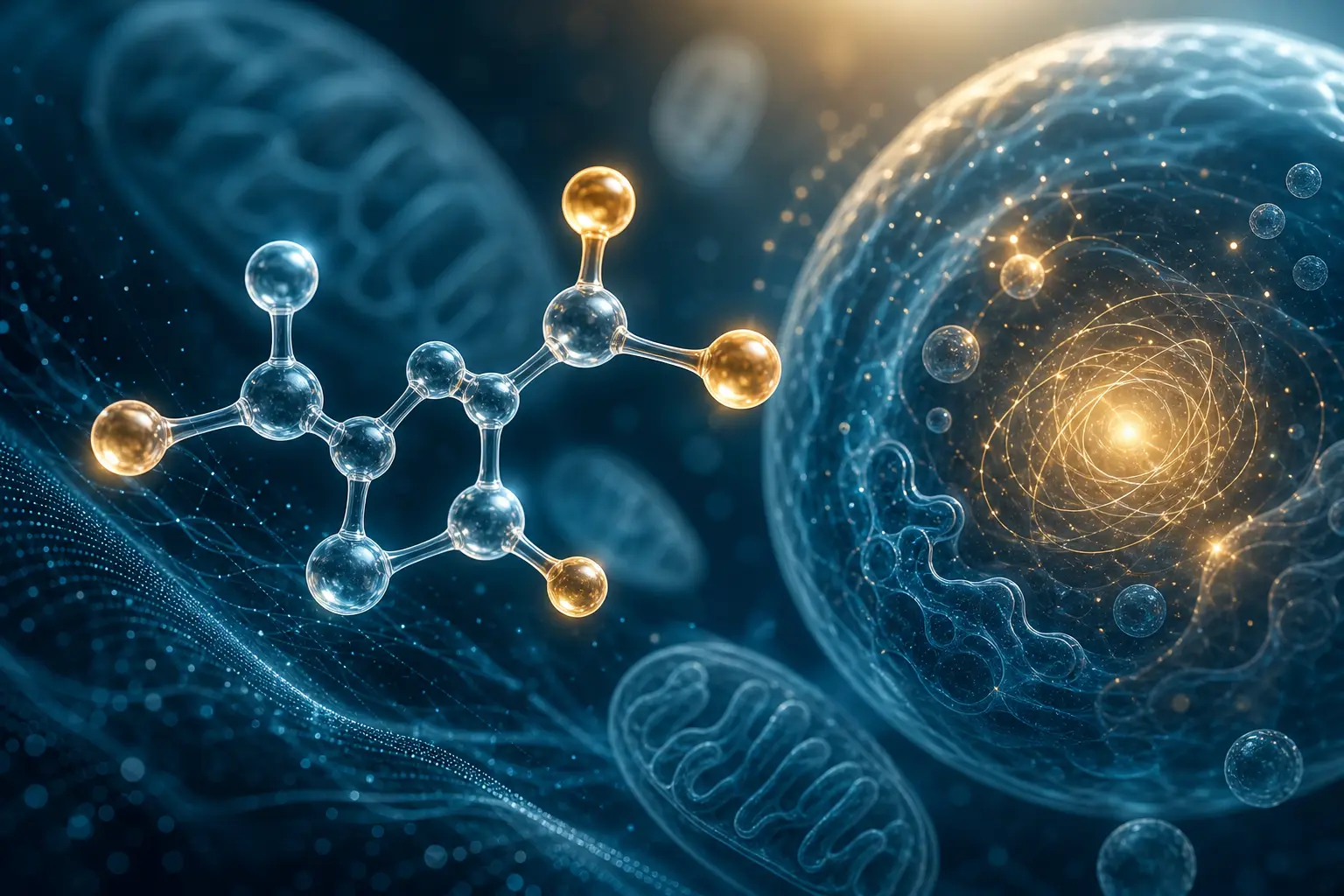 Editorial illustration of alpha-ketoglutarate research with cellular energy and molecular motifs