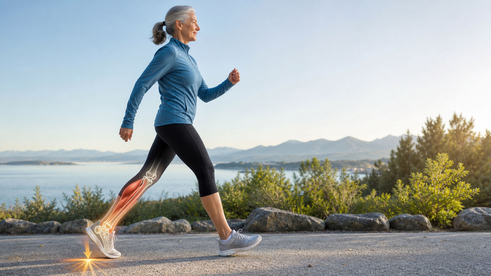 Scientific editorial scene showing calf muscles and ankle push-off during an older adult's confident walking stride