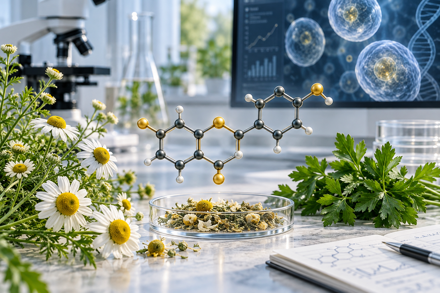 Chamomile, parsley, and laboratory imagery representing evidence on apigenin and healthy aging