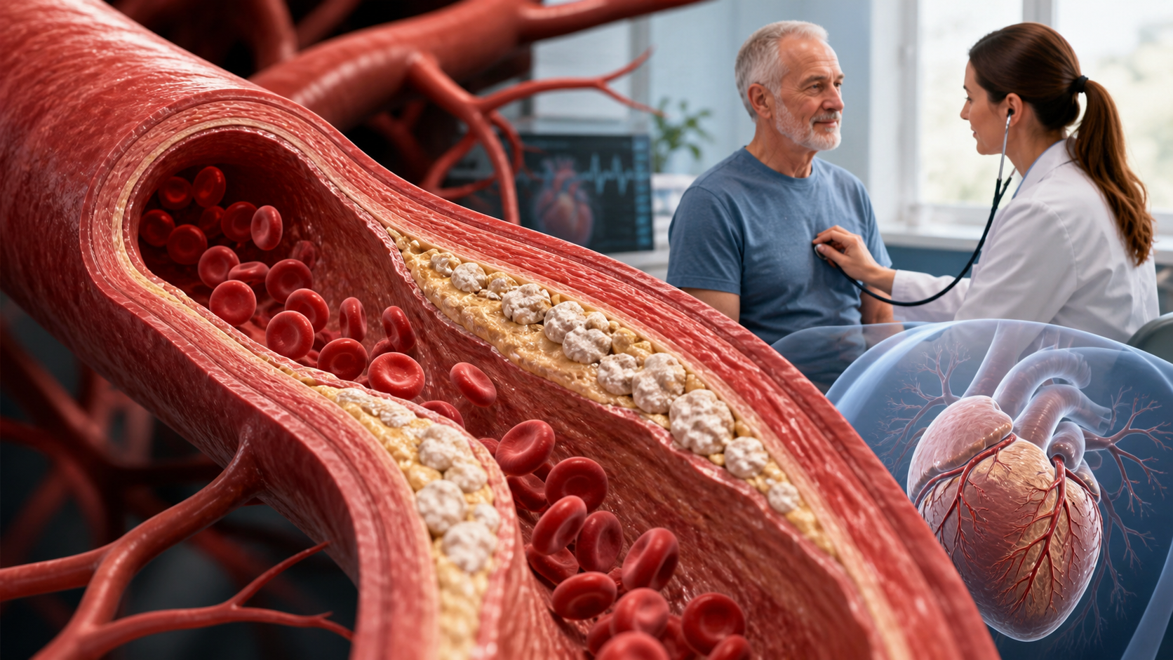 Medical editorial illustration of an aging artery with calcified plaque and flowing blood cells