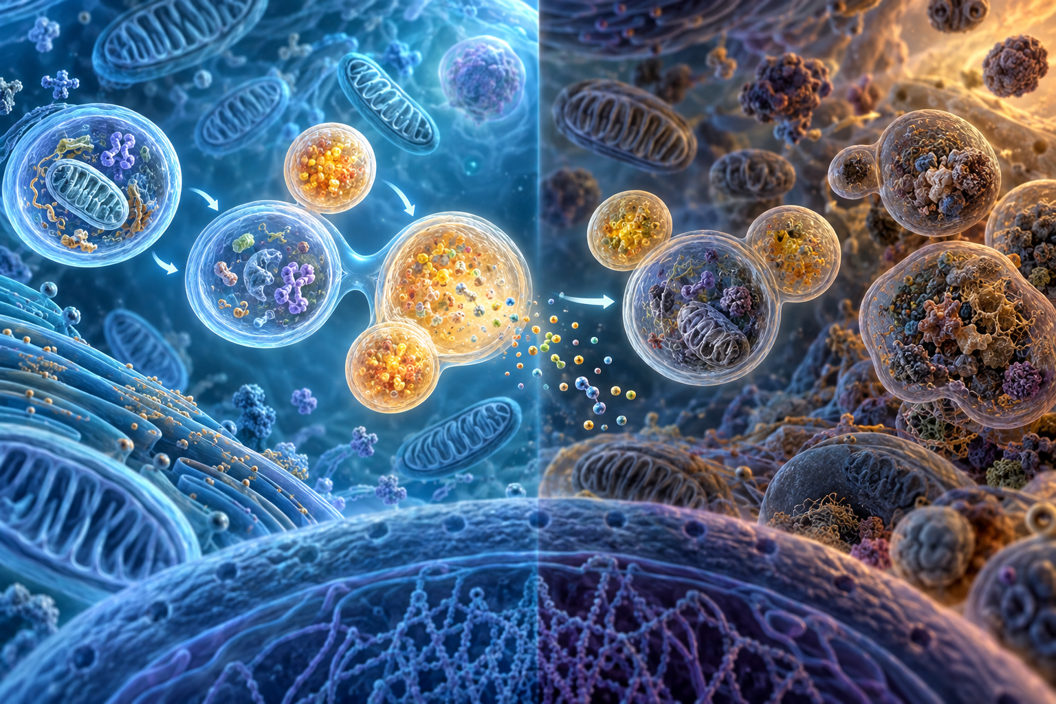 Original scientific illustration contrasting efficient autophagic recycling with age-related cellular buildup