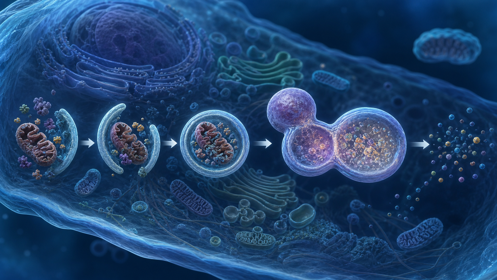 Scientific editorial illustration of a cell recycling damaged components through autophagy