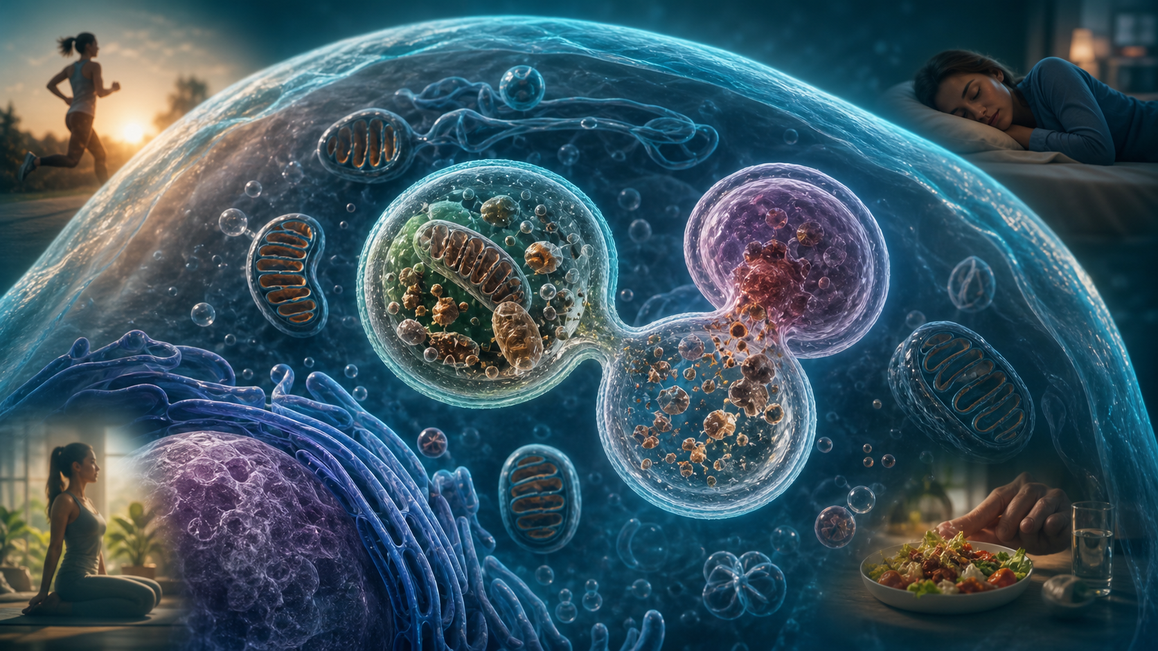 Person in a meditative fasting posture at sunrise, representing the practice of autophagy induction through lifestyle interventions.