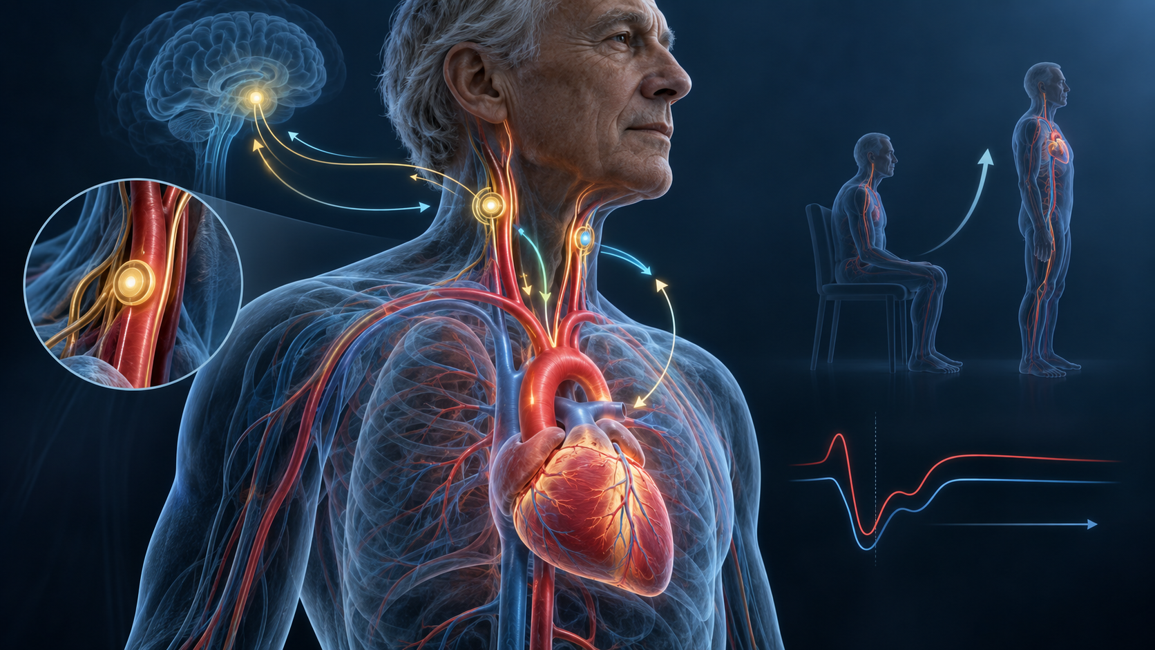 Scientific editorial illustration of pressure sensors in the neck and a heart responding to standing