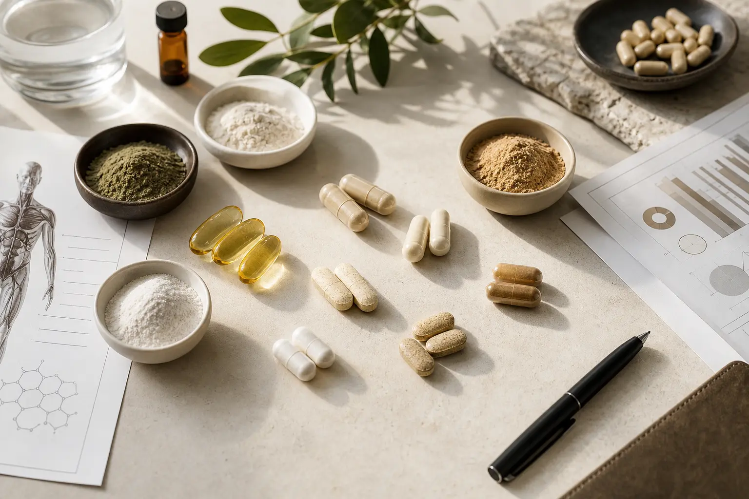 Editorial illustration of a curated longevity supplement stack with research-driven wellness motifs