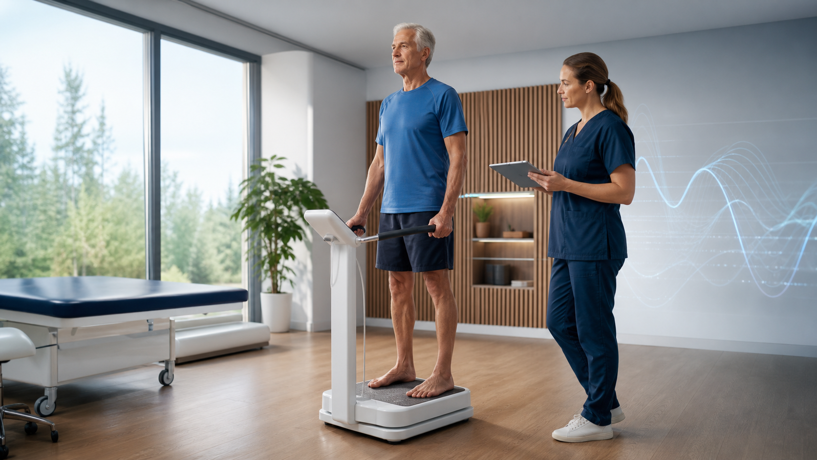 Older adult standing on a clinical bioimpedance analyzer while a clinician reviews the results