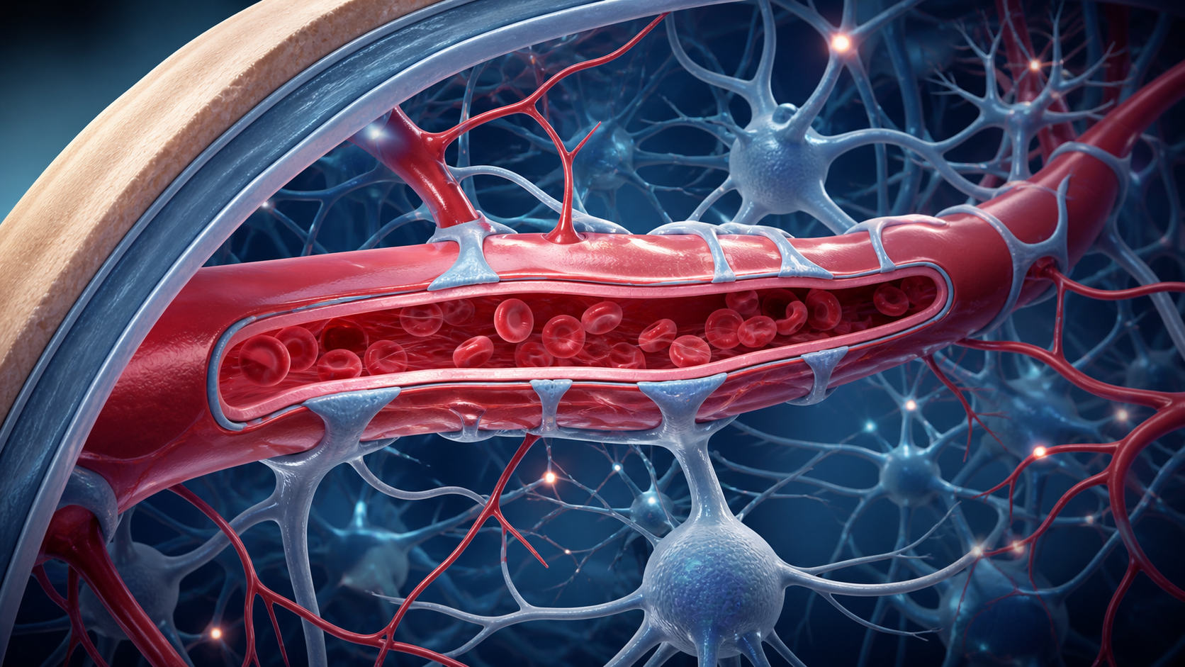 Medical editorial illustration of healthy brain capillaries protecting neural tissue