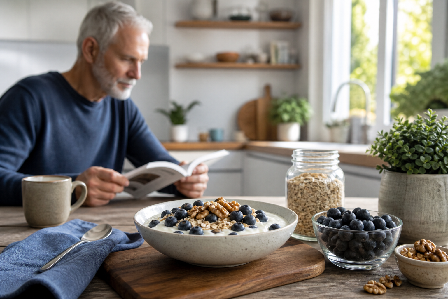 Blueberry yogurt breakfast with walnuts and oats beside an older adult reading
