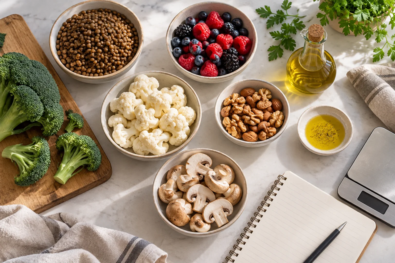Precisely arranged nutrient-dense green vegetables and superfoods on a white plate