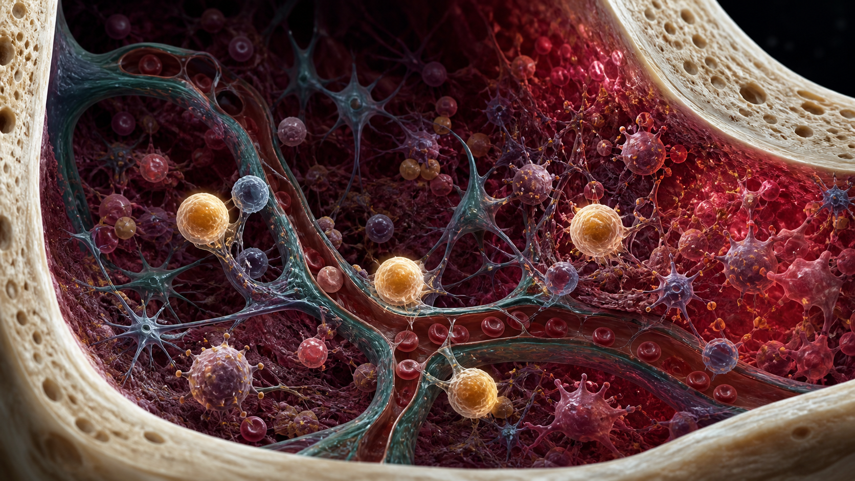 Scientific editorial cutaway of bone marrow showing blood stem cells interacting with vessels and support cells