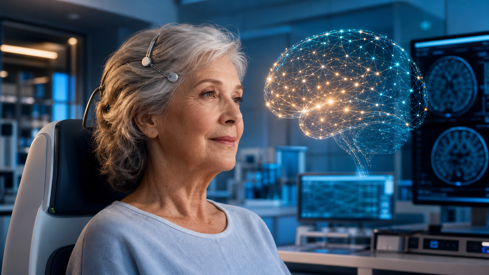 Advanced neural interface technology display, representing brain-computer interfaces being developed to address cognitive aging.