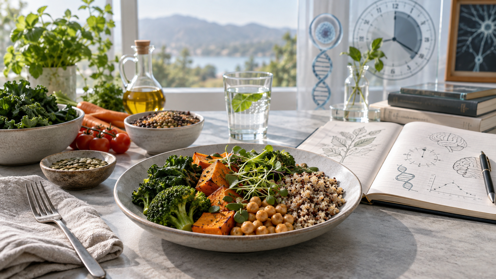 Minimal healthy meal on a plate representing caloric restriction for longevity research