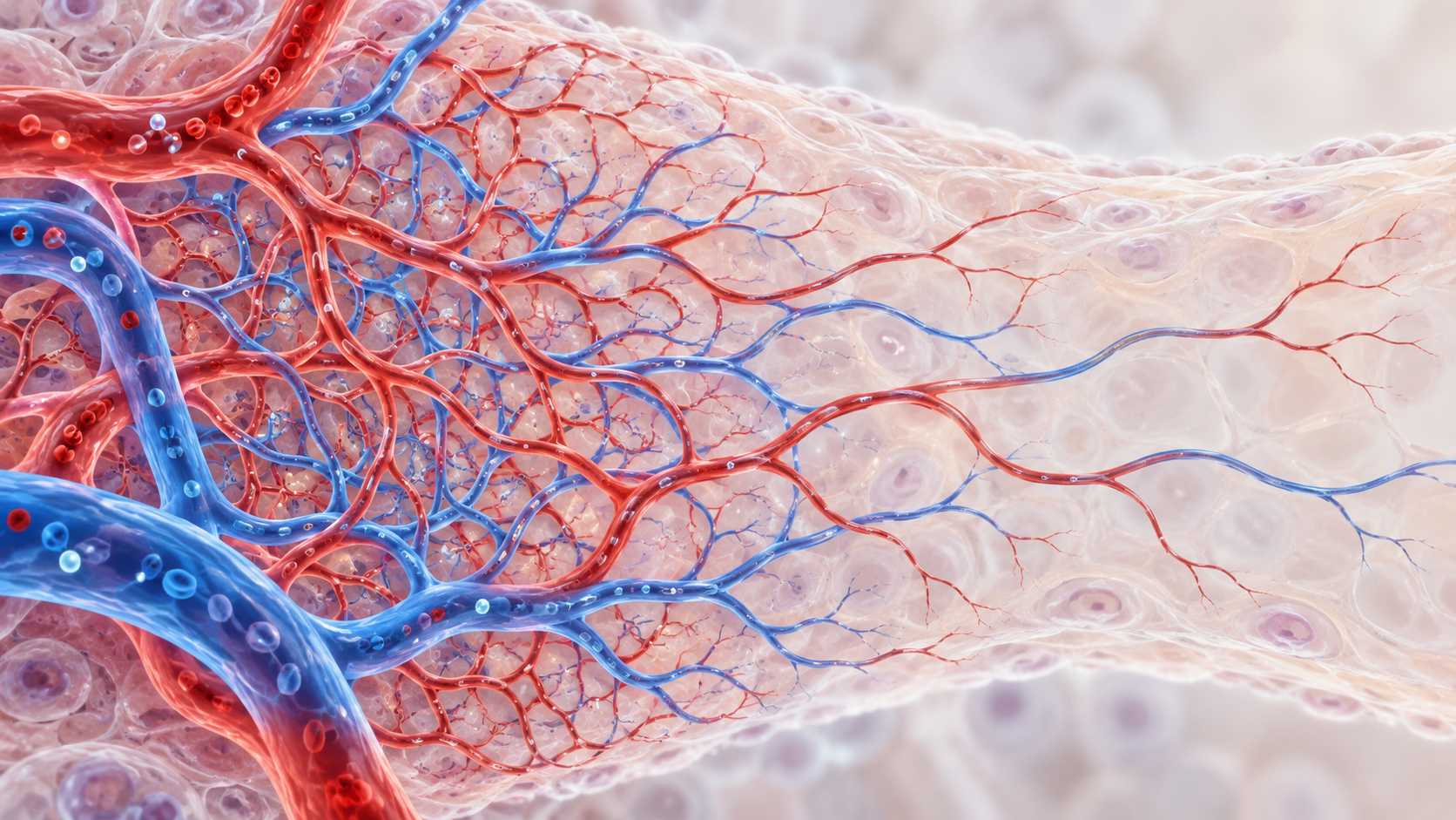 Original scientific illustration of a dense capillary network gradually becoming sparse across aging tissue