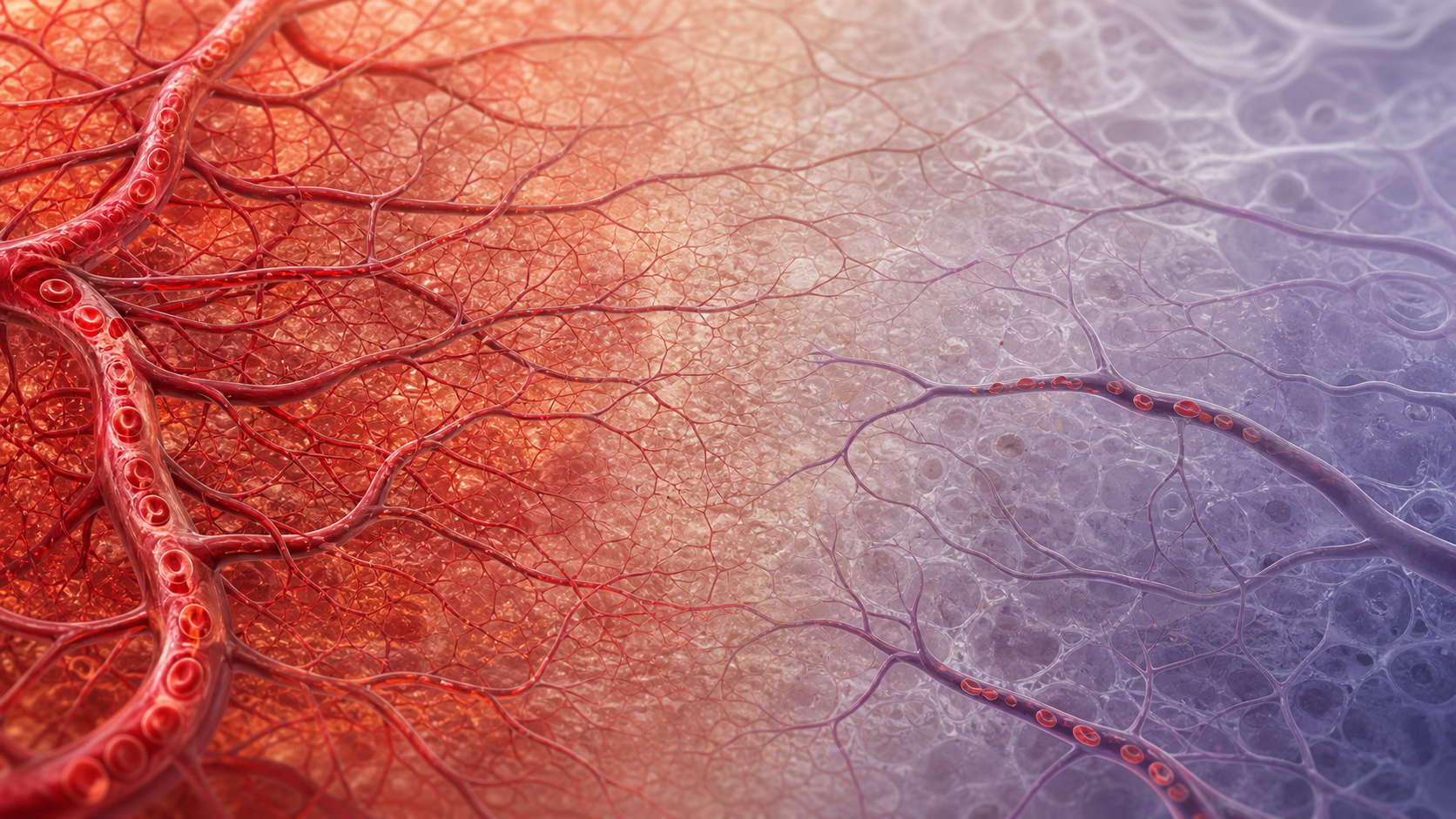 Scientific editorial view of a dense healthy capillary network fading into a sparse aged microcirculation