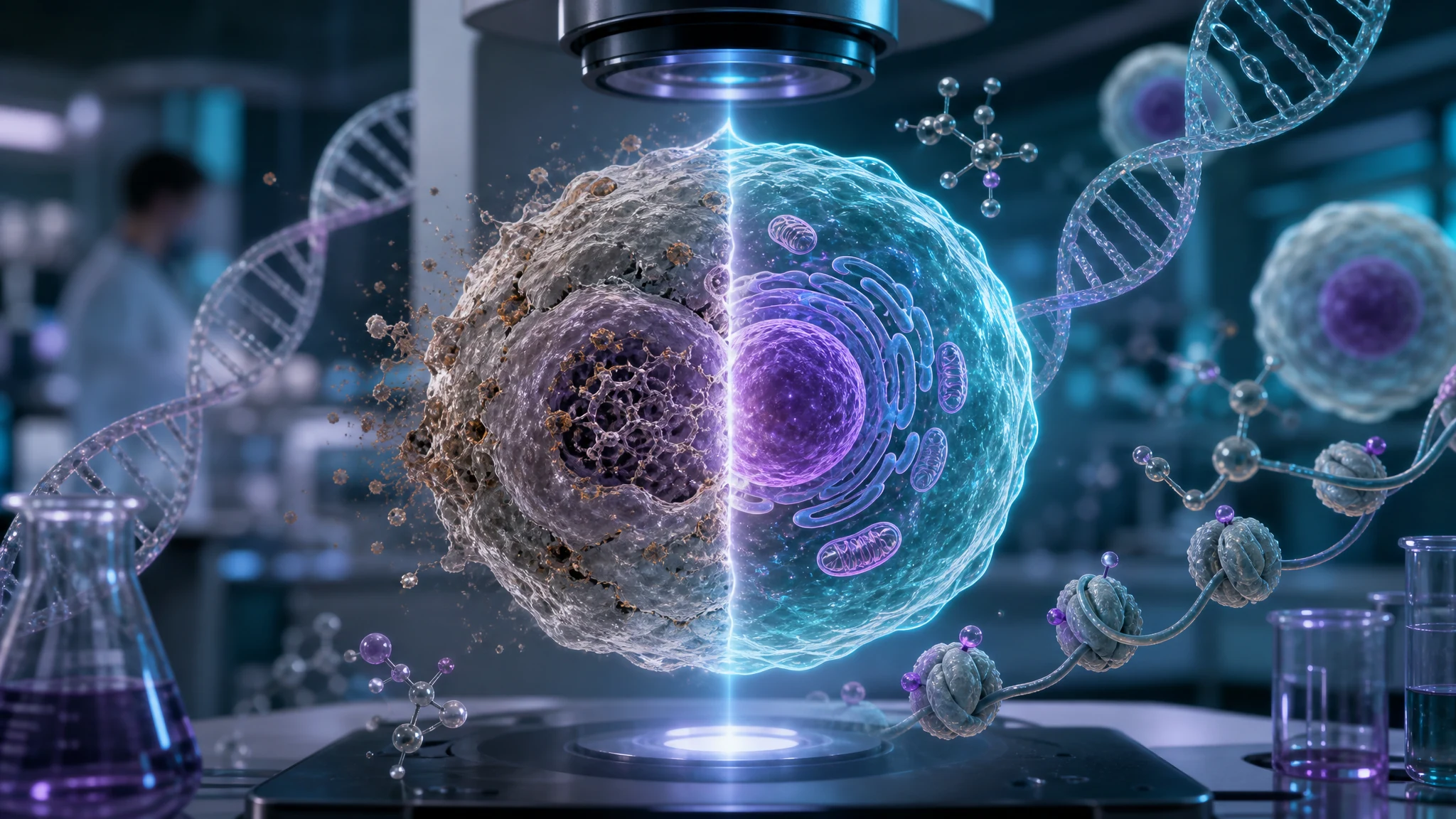 Microscope view of cells in a research laboratory representing cellular rejuvenation studies