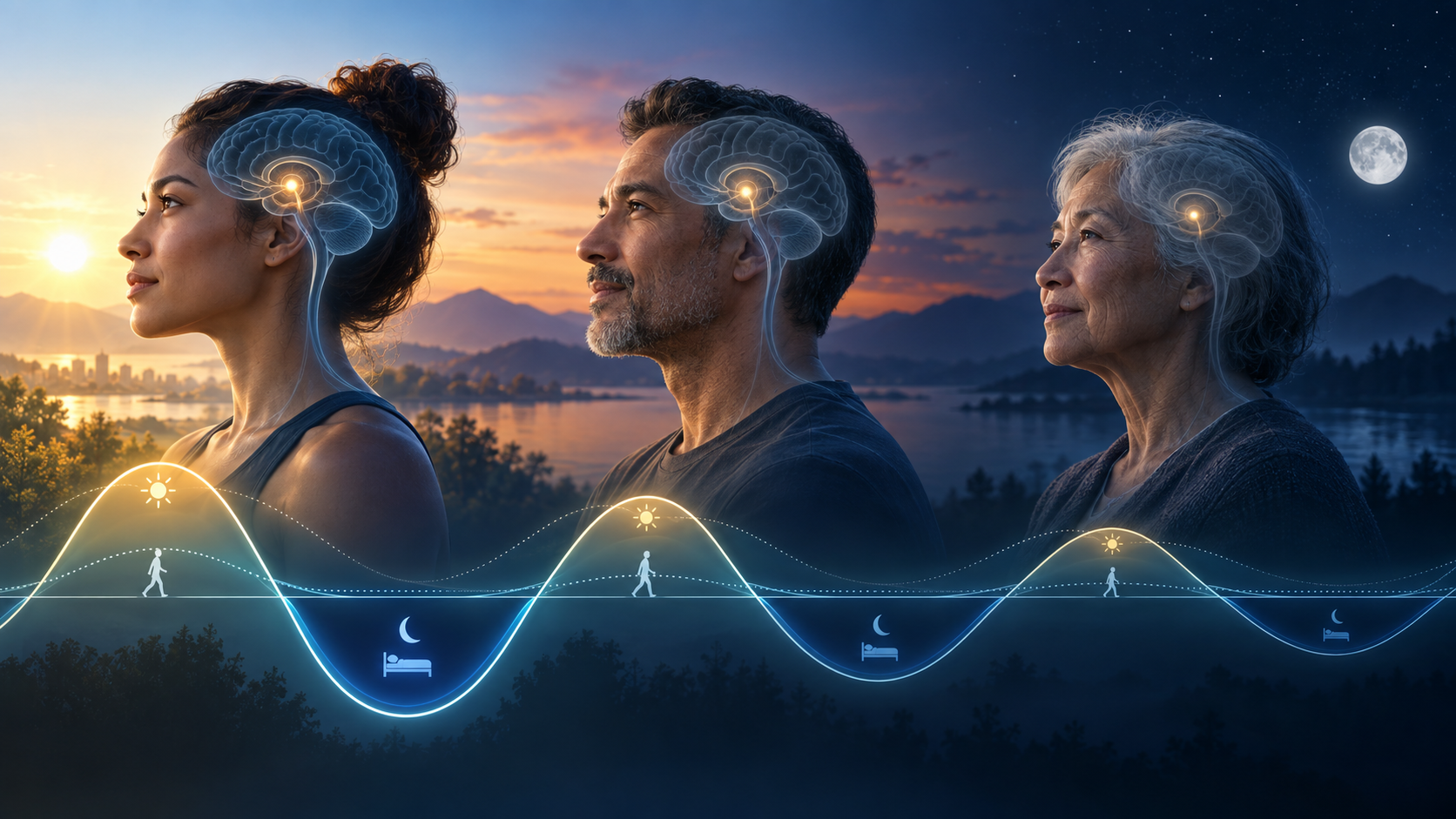 Scientific editorial illustration of a day-night cycle and biological clock signals across healthy aging