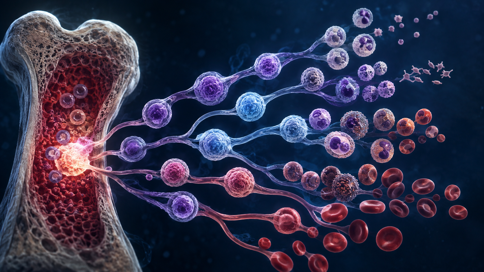 Scientific illustration of distinct blood-cell lineages emerging from bone marrow