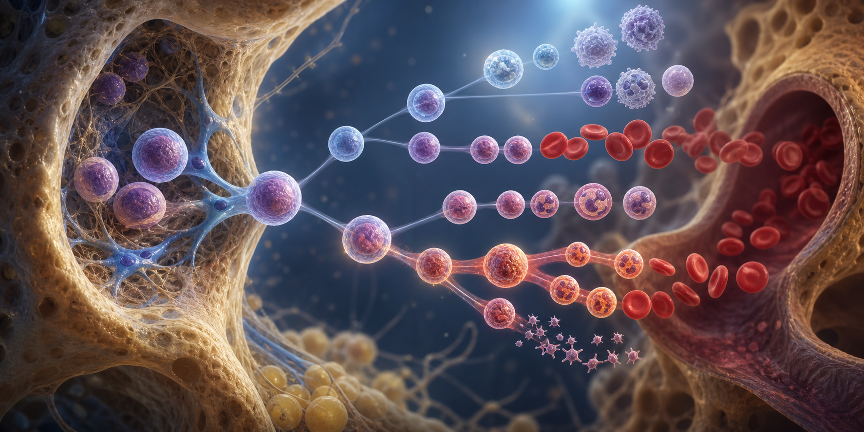 Bone marrow stem cells branching into blood-cell lineages with one expanding clone