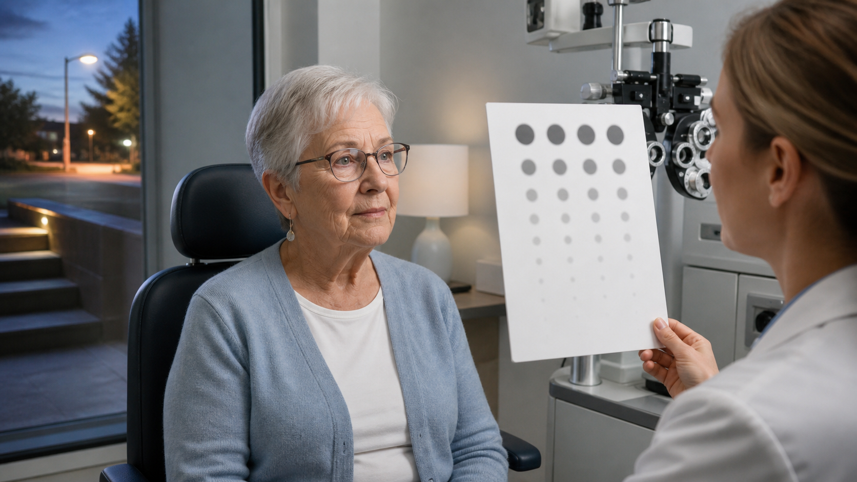 Older adult viewing a graded contrast chart during a modern eye examination