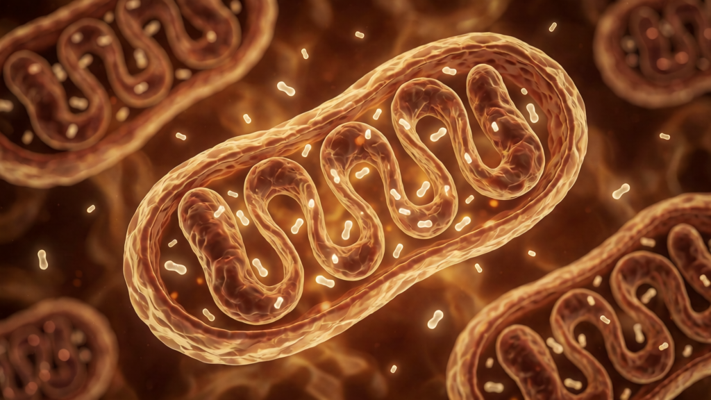 A cinematic editorial illustration of mitochondria inside a cell, with glowing coenzyme molecules and a subtle age-gradient.