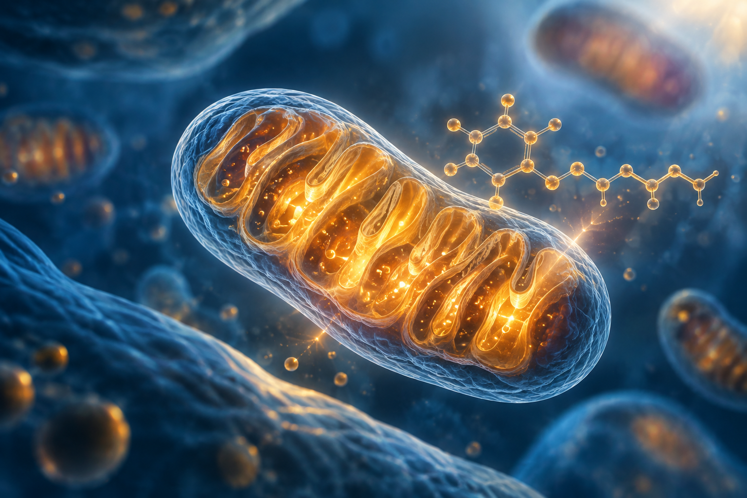 Editorial illustration of CoQ10 capsules with mitochondrial energy motifs