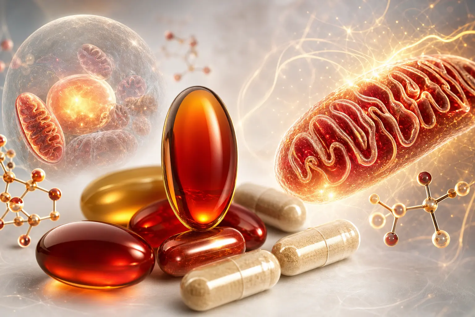 Editorial illustration of CoQ10 capsules with mitochondrial energy motifs
