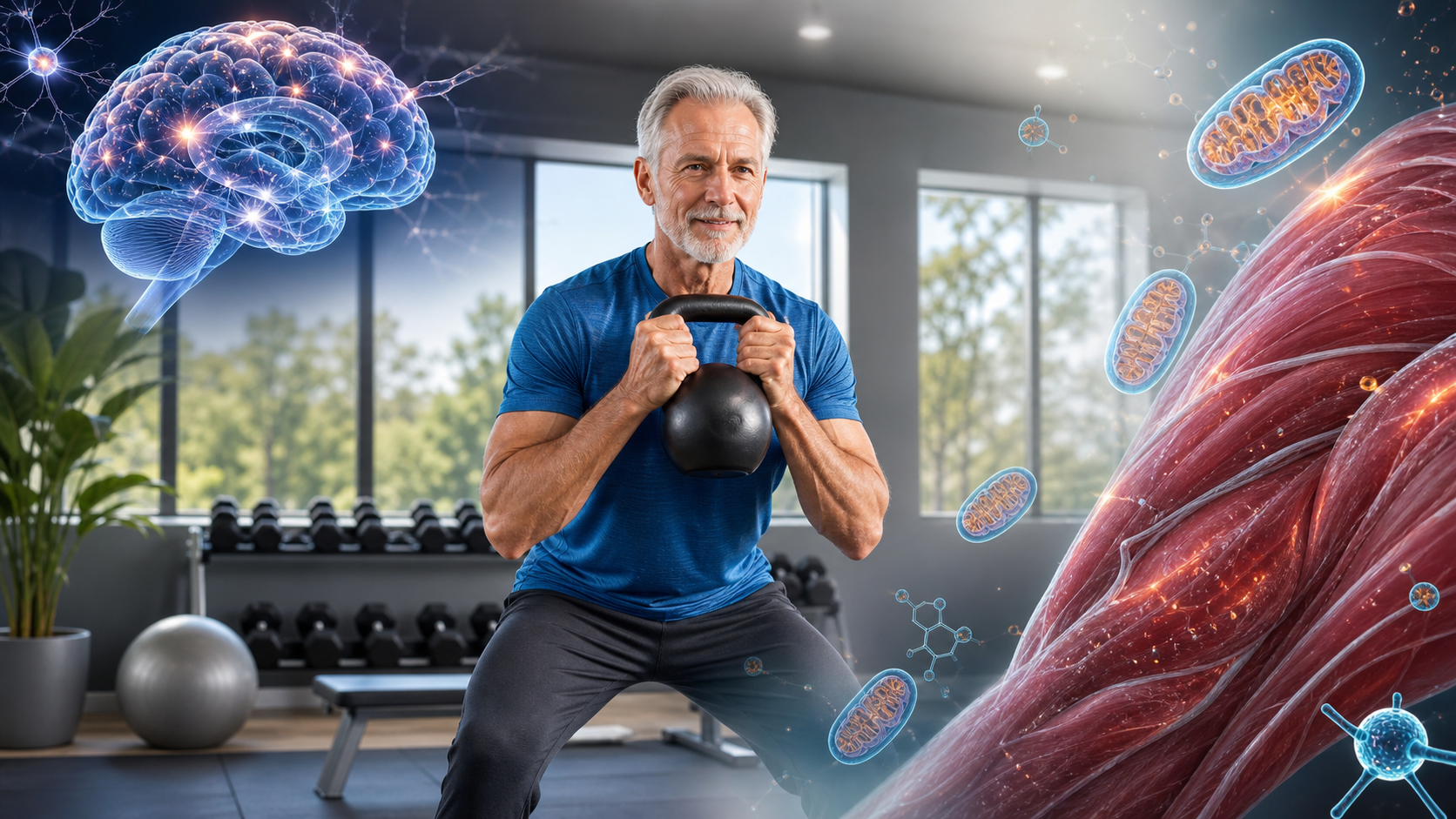 Healthy older adult resistance training beside a scientific visualization of muscle and brain energy metabolism