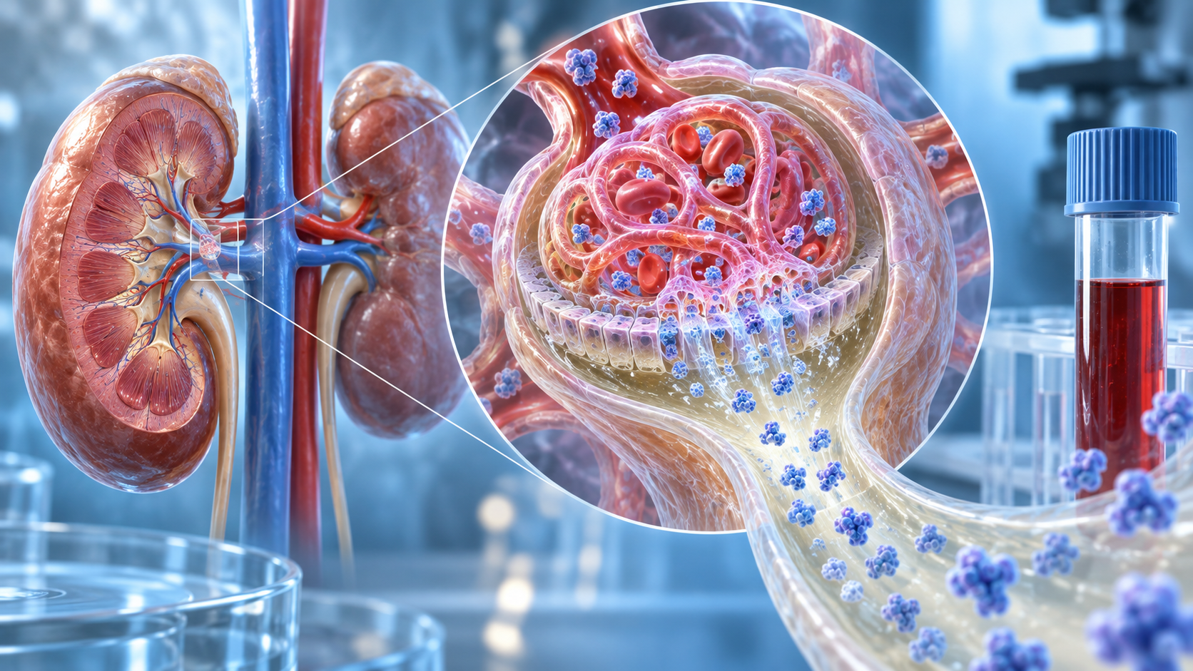Clinical laboratory illustration of kidney filtration and a cystatin C blood sample