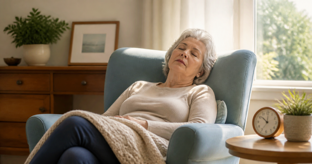 Older adult taking a brief daytime nap in a sunlit room
