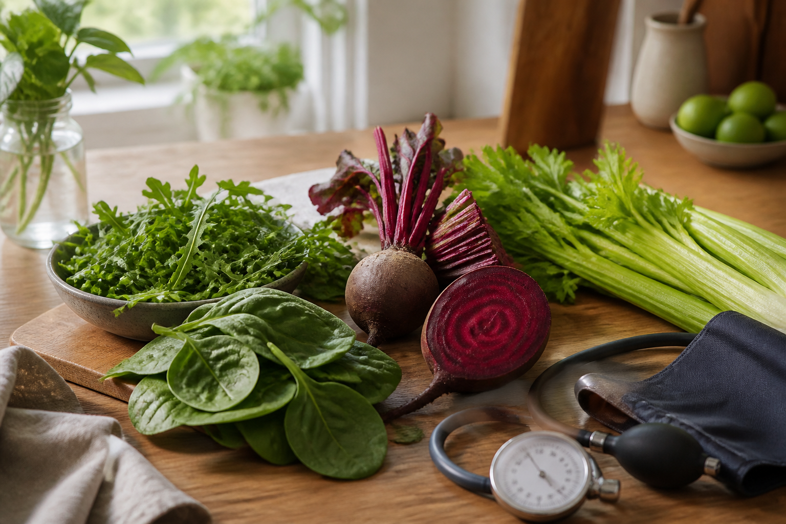Colorful nitrate-rich vegetables arranged beside a blood pressure cuff on a kitchen table
