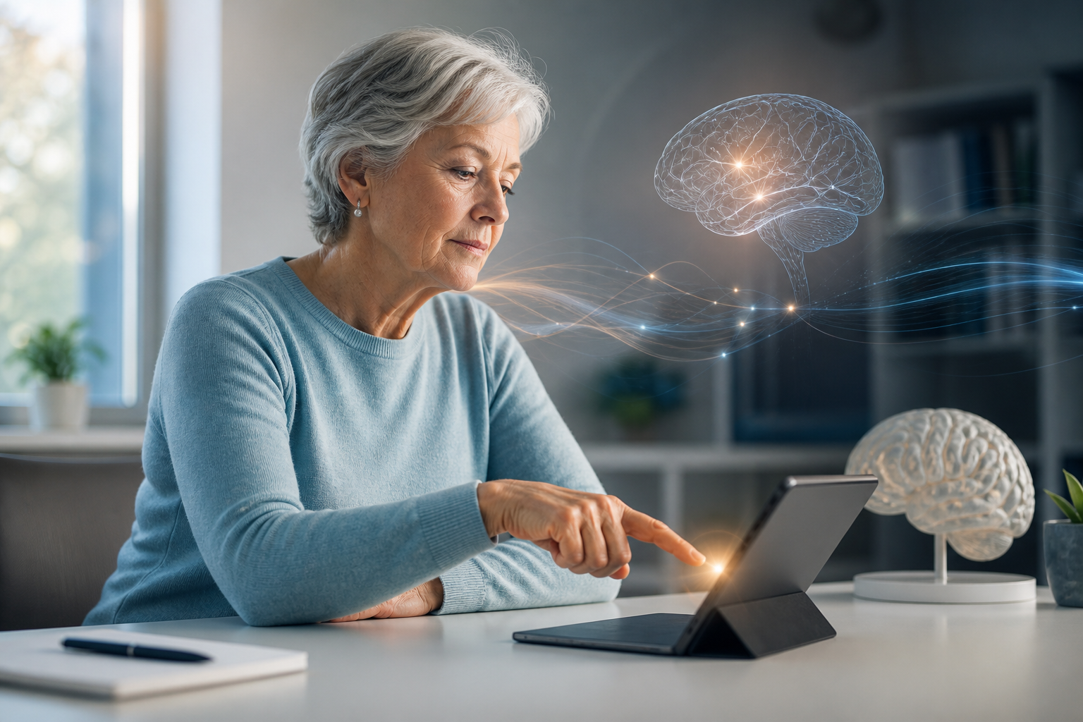 Older adult completing a supervised reaction-time test on a tablet