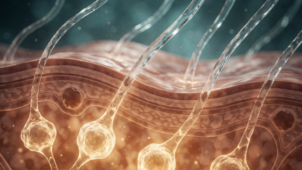 A cinematic editorial illustration of hydrolyzed collagen peptides drifting through skin layers toward fibroblasts, rendered in warm amber and cool teal.