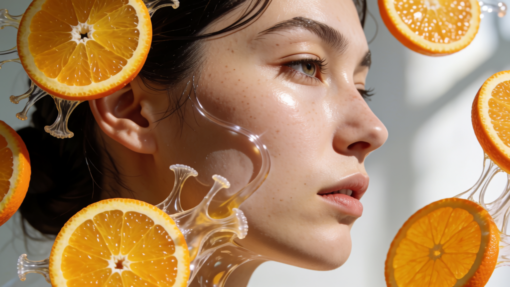 A close-up of a woman's face with glowing skin, holding an orange slice, symbolizing vitamin C's role in skin health.