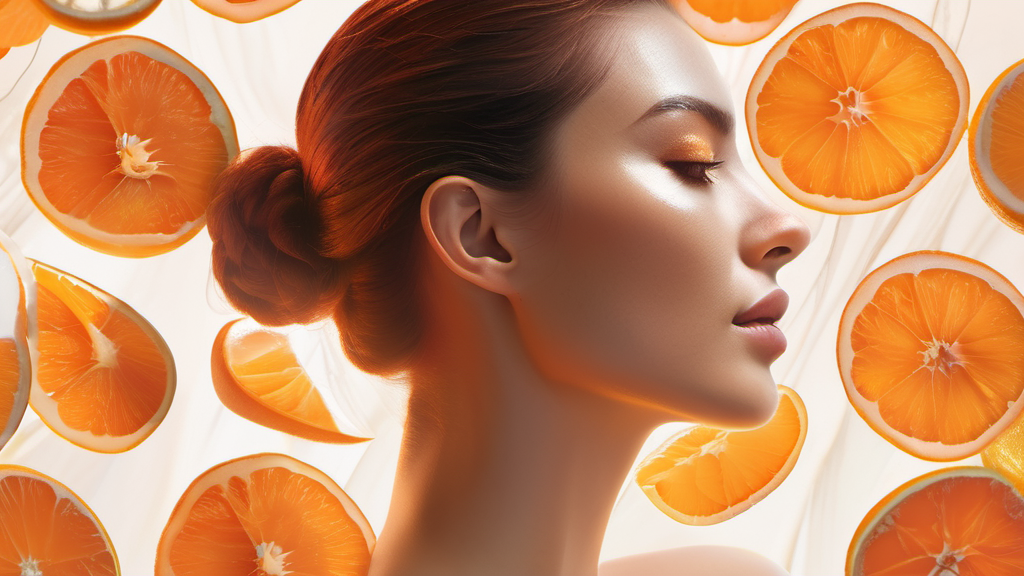 A close-up of a woman's face with glowing skin, holding an orange slice, symbolizing vitamin C's role in skin health.