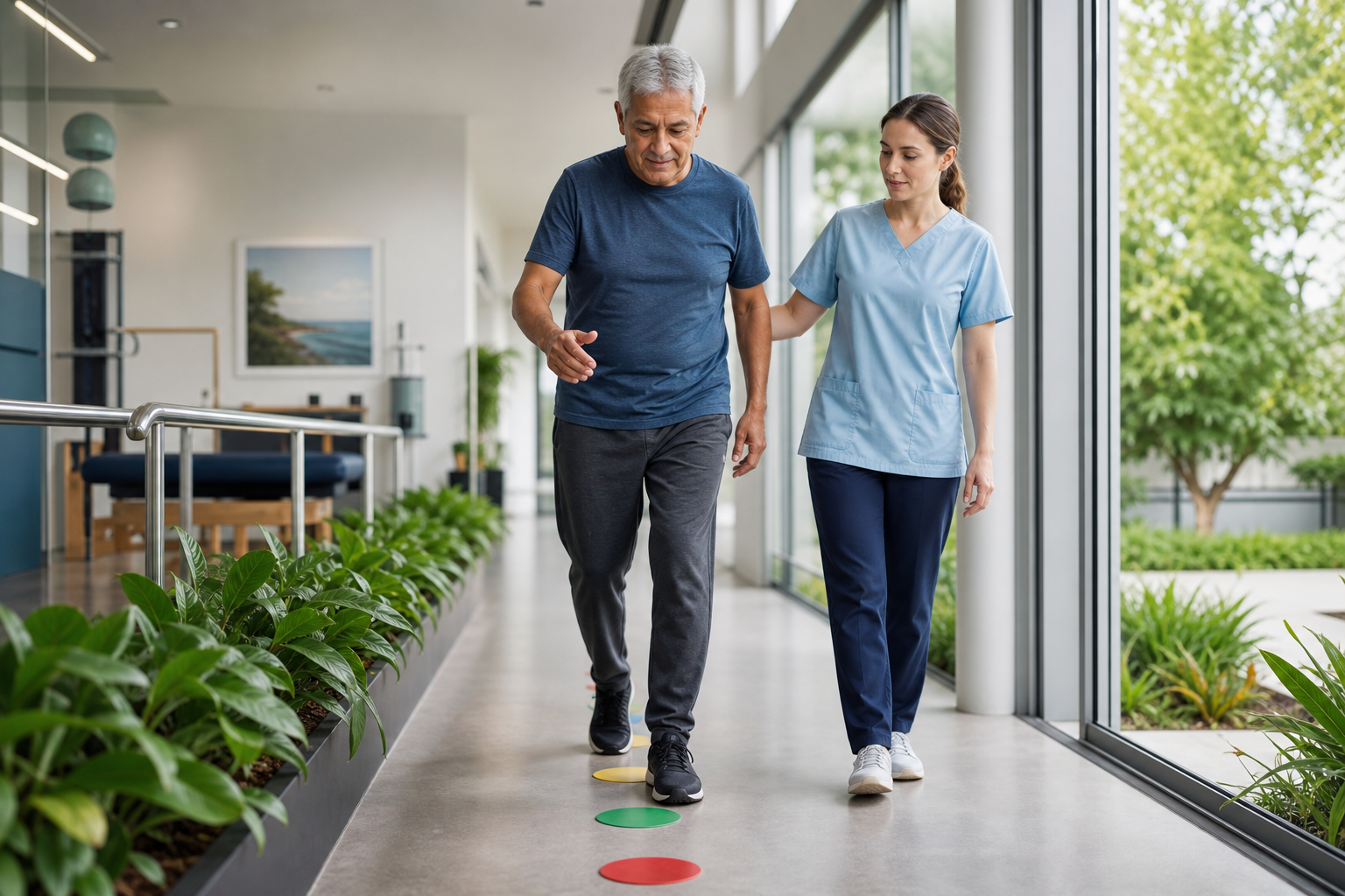 Older adult practicing a supervised dual-task walking exercise in a bright mobility clinic