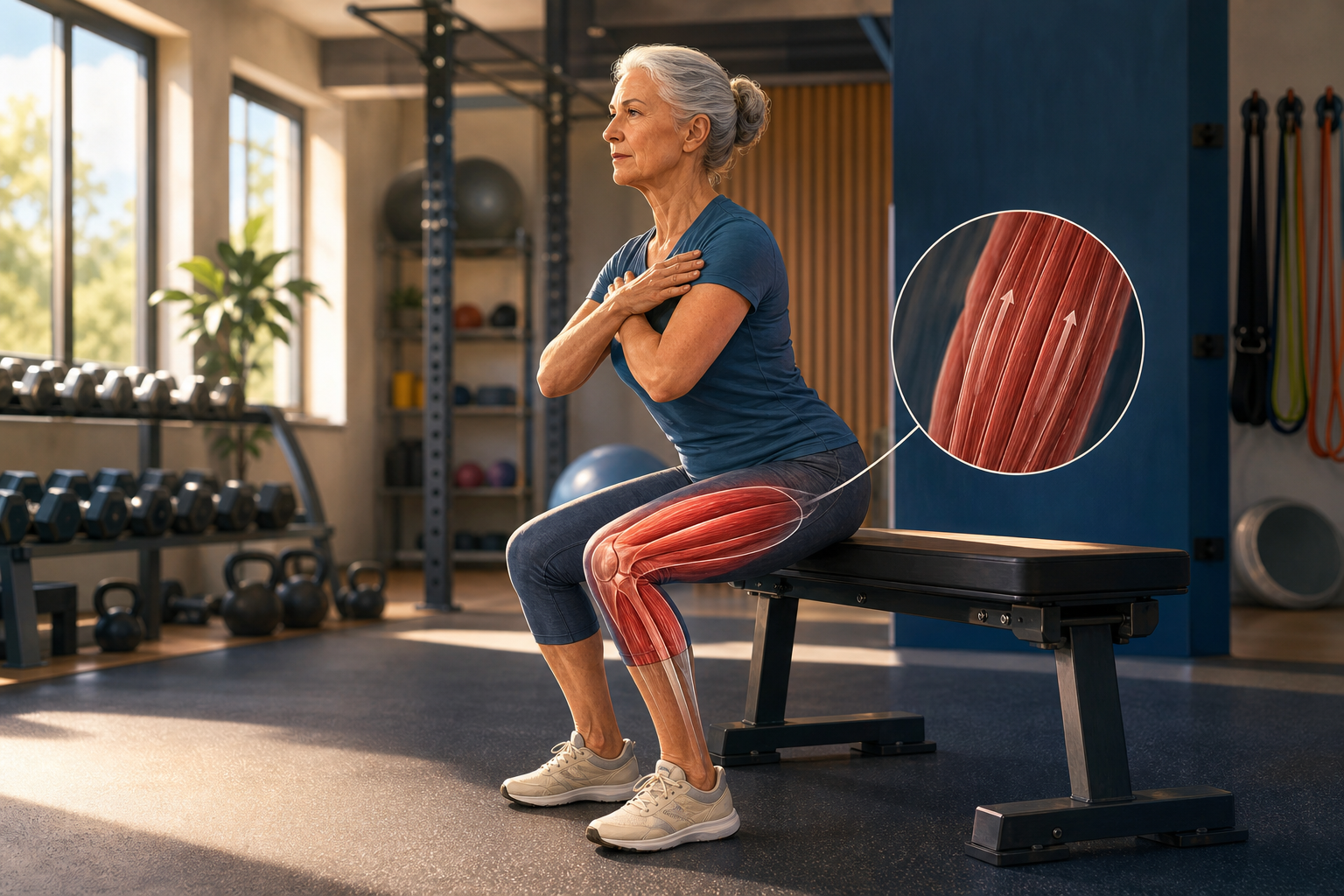 Editorial science illustration of an older adult performing a controlled lowering movement with muscle fibers under tension