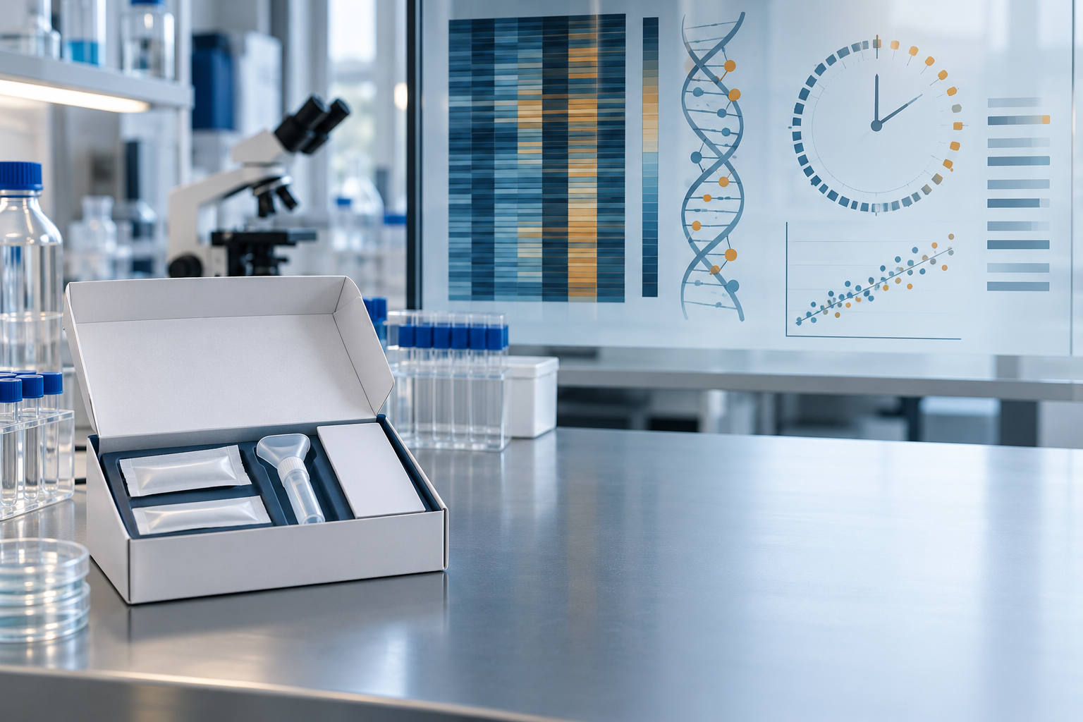 Editorial illustration of a biological age testing kit with methylation charts and clinical lab motifs