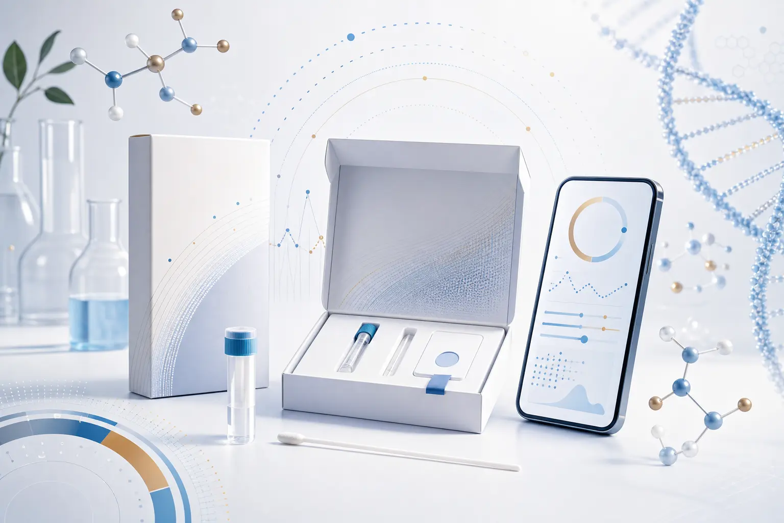 Editorial illustration of a biological age testing kit with methylation charts and clinical lab motifs