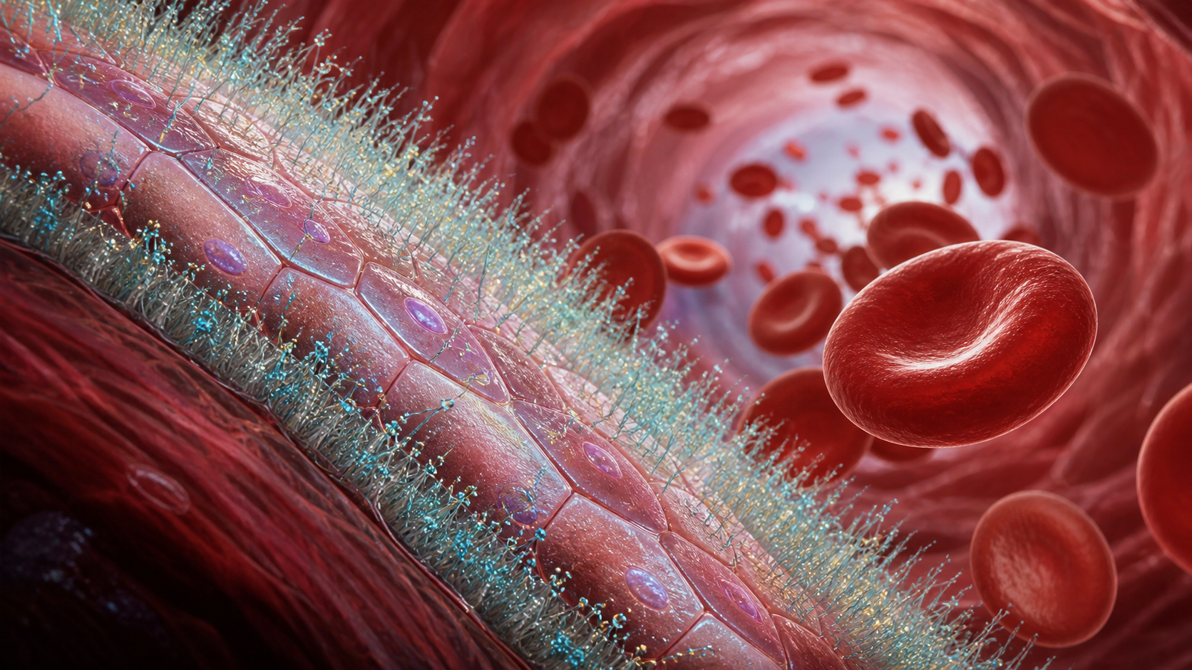 Editorial view inside an artery showing the endothelial glycocalyx along the vessel wall