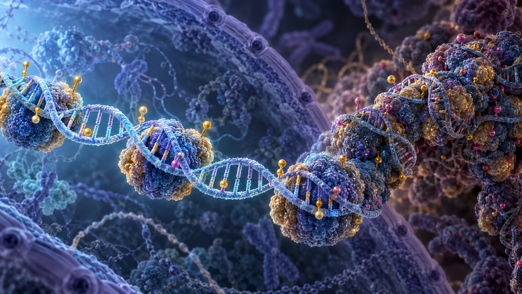 Editorial molecular illustration of DNA, histones, chromatin, and age-related epigenetic alterations