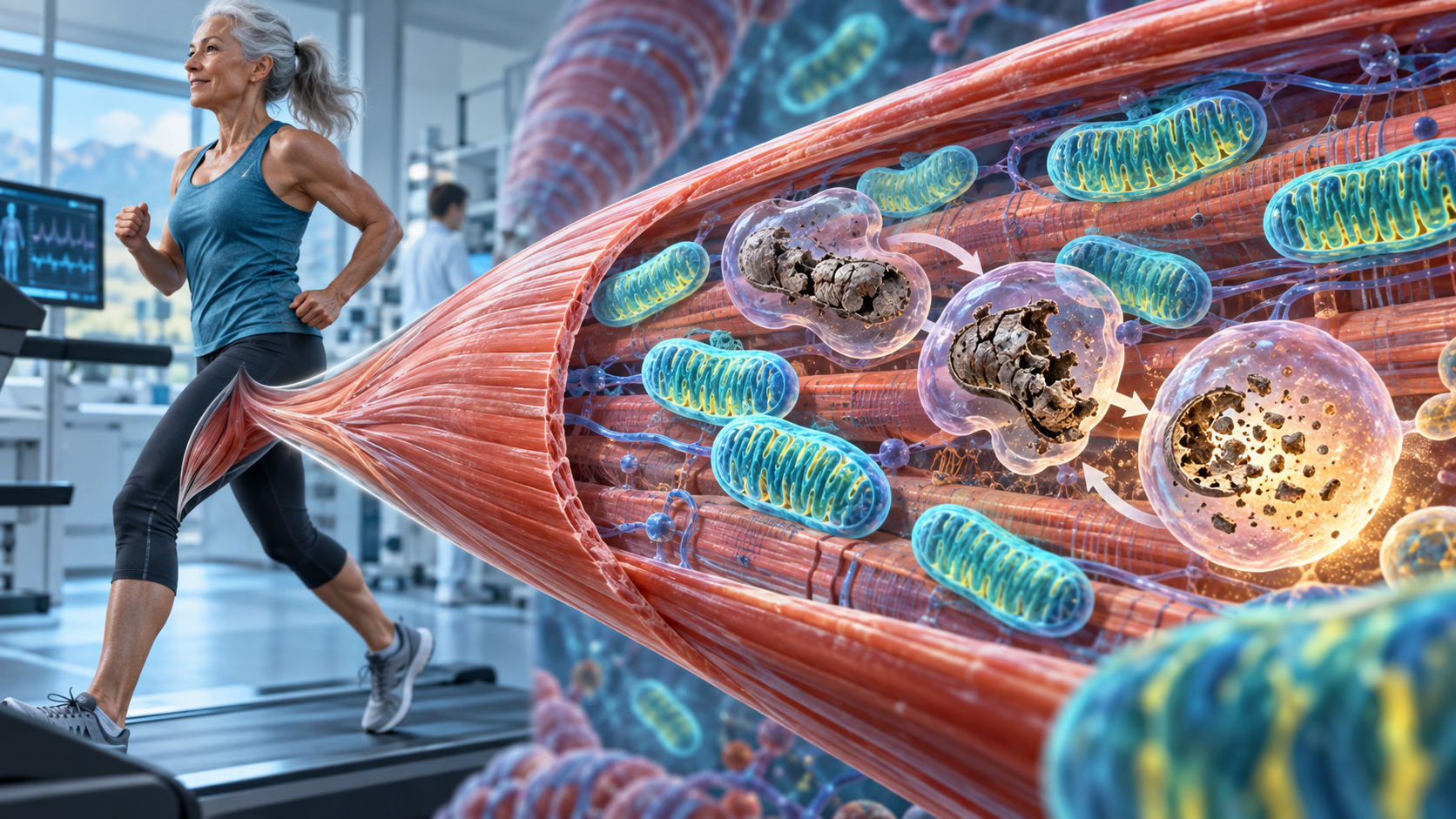 Scientific editorial illustration of exercising muscle fibers renewing mitochondria