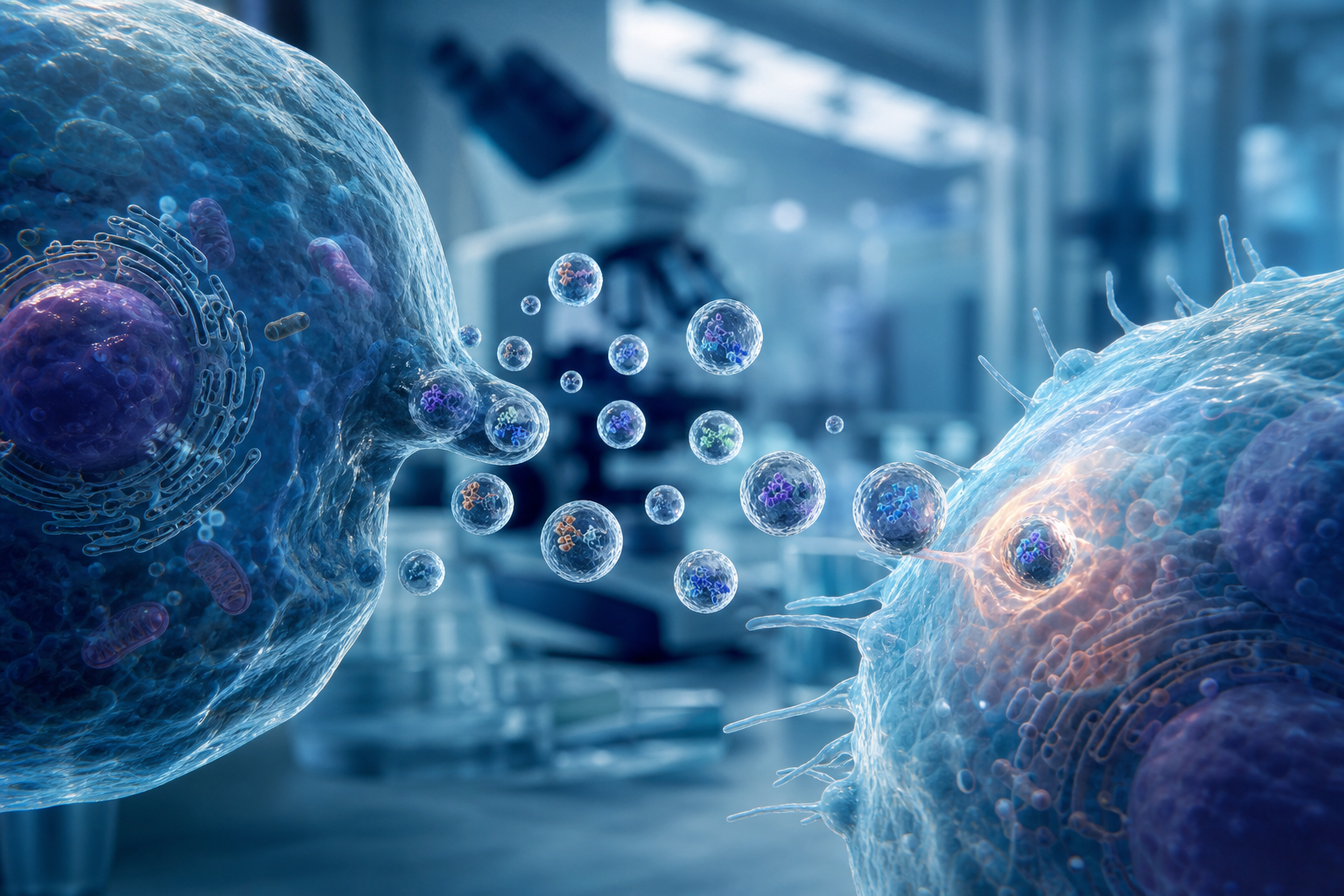Laboratory research setting representing exosome therapy and cellular rejuvenation