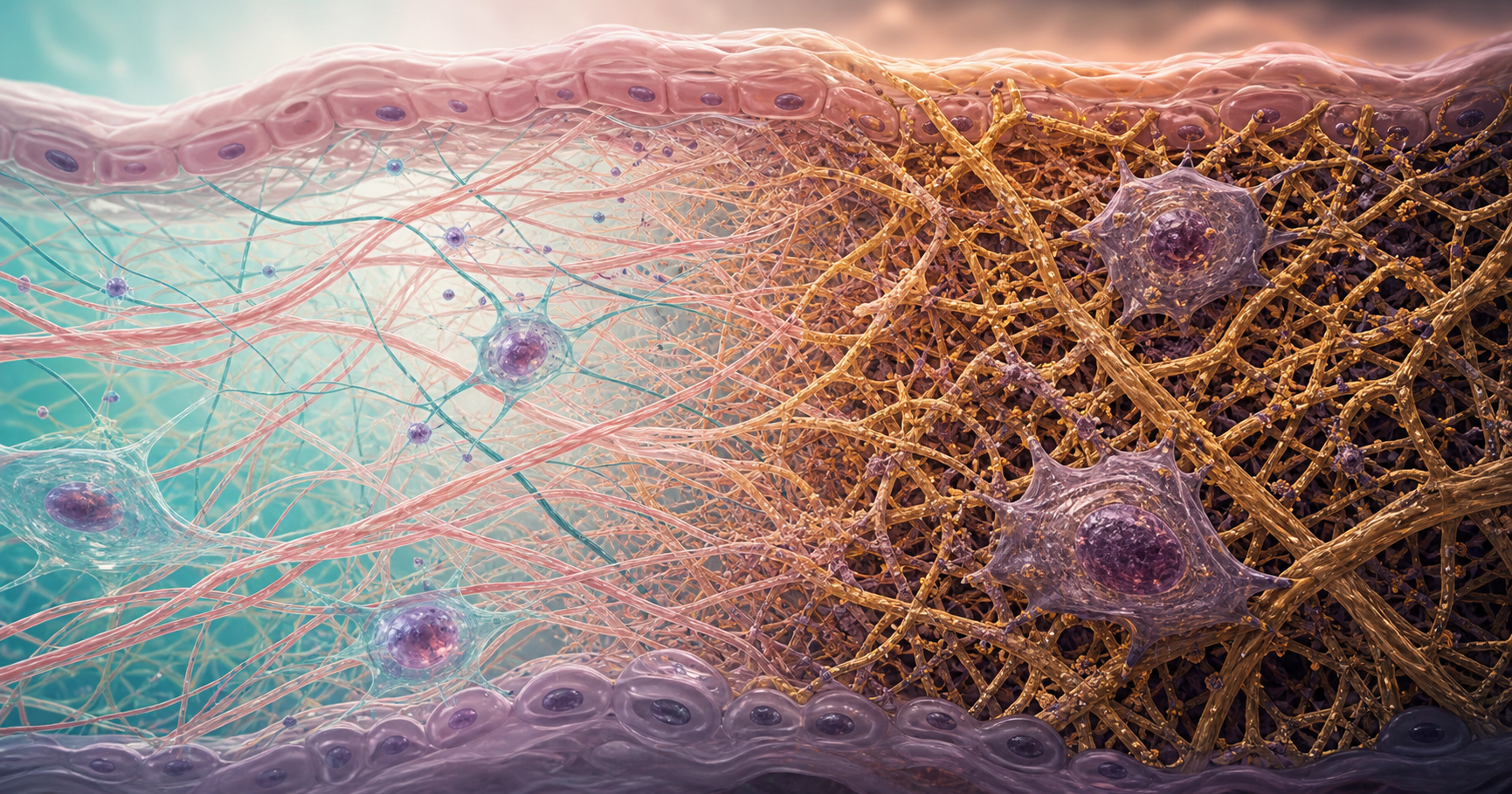 Cellular tissue transitioning from a flexible collagen matrix to a dense cross-linked matrix